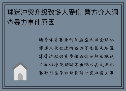 球迷冲突升级致多人受伤 警方介入调查暴力事件原因