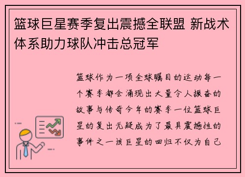 篮球巨星赛季复出震撼全联盟 新战术体系助力球队冲击总冠军