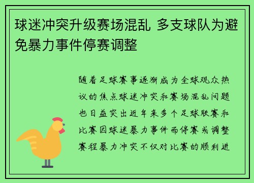球迷冲突升级赛场混乱 多支球队为避免暴力事件停赛调整